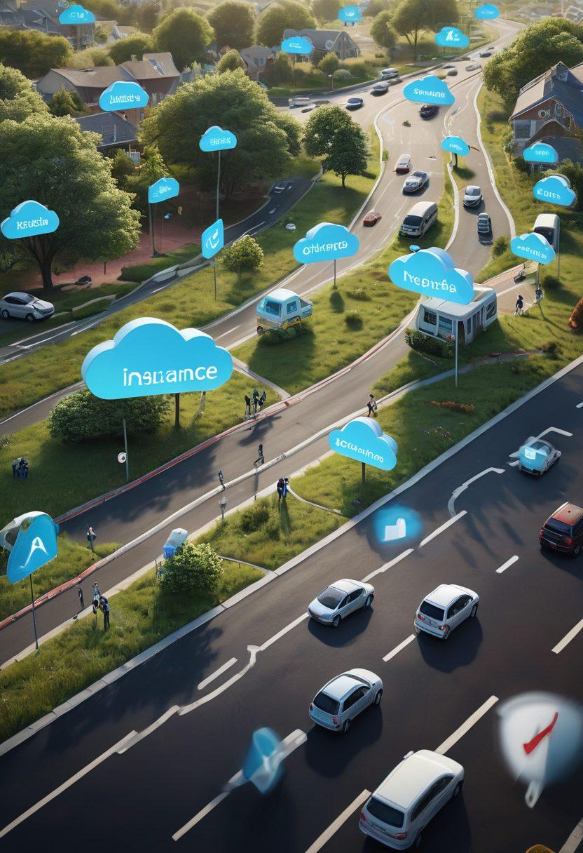 A futuristic digital landscape showcasing a diverse group of people using laptops and smartphones to browse insurance options. The background features abstract representations of various insurance symbols like shields, homes, and safety nets intertwined with a flowing road, symbolizing navigation. Soft, inviting colors create a sense of approachability and trust. Include elements like cloud technology and online security icons for a modern touch. super-realistic. vibrant colors. 3D.