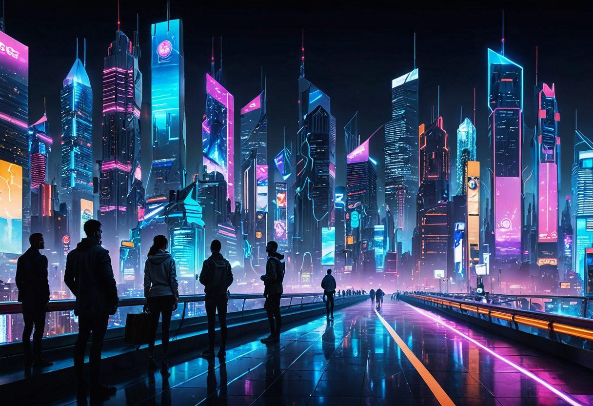 A futuristic city skyline with digital billboards showcasing innovative insurance solutions, people interacting with holographic digital contracts, diverse individuals discussing their futuristic insurance needs, and a protective shield symbol over the skyline representing security in the digital age. cyberpunk. vibrant colors. 3D.