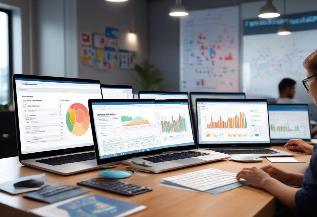 A modern workspace featuring a diverse group of people collaboratively analyzing insurance plans on laptops, with charts and graphs displaying rates on screens. Include detailed icons related to insurance, like shields and policy documents, scattered around. A warm and inviting atmosphere, symbolizing empowerment and knowledge. super-realistic. vibrant colors. 3D.